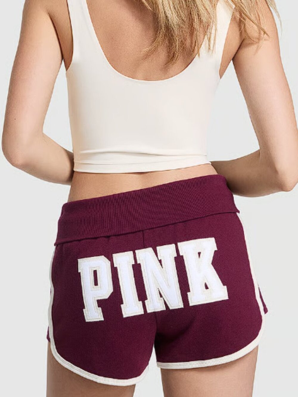 VS PINK Campus Terry Foldover Shorts Wild Rose White Logo At Back (L) NWT!